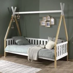 Vipack Lits Enfant Lit Tipi Barrière 90x200 Sommier Inclus Naturel Blanc -Lits enfant Soldes lit tipi barriere 90x200 sommier inclus naturel blanc 3
