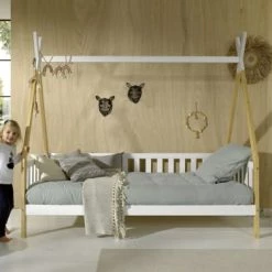 Vipack Lits Enfant Lit Tipi Barrière 90x200 Sommier Inclus Naturel Blanc -Lits enfant Soldes lit tipi barriere 90x200 sommier inclus naturel blanc 4
