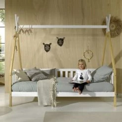 Vipack Lits Enfant Lit Tipi Barrière 90x200 Sommier Inclus Naturel Blanc -Lits enfant Soldes lit tipi barriere 90x200 sommier inclus naturel blanc 5