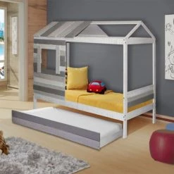 ID Kids Lits Enfant Pack Lit Cabane Avec Tiroir Et Matelas 90x190 Cm Bois Massif Gris -Lits enfant Soldes pack lit cabane avec tiroir et matelas 90x190 cm bois massif gris 2