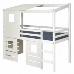 ID Kids Lits Enfant Pack Lit Cabane Mi-hauteur Avec Matelas 90x200 Cm Bois Massif Blanc -Lits enfant Soldes pack lit cabane mi hauteur avec matelas 90x200 cm bois massif blanc 4