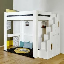 ID Kids Lits Enfant Pack Lit Mezzanine Avec Matelas 90x190 Cm Bois Massif Blanc -Lits enfant Soldes pack lit mezzanine avec matelas 90x190 cm bois massif blanc 17