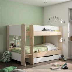 ID Kids Lits Enfant Pack Lit Superposé Avec 2 Matelas 90x200 Cm Effet Bois Blanc Et Bois -Lits enfant Soldes pack lit superpose avec 2 matelas 90x200 cm effet bois blanc et bois 2