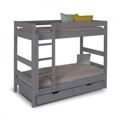 ID Kids Lits Enfant Pack Lit Superposé Avec Tiroirs Et 2 Matelas 90x190 Bois Massif Gris