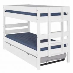 ID Kids Lits Enfant Pack Lit Superpose Gigogne Avec 2 Matelas 90x200 Cm Bois Massif Blanc